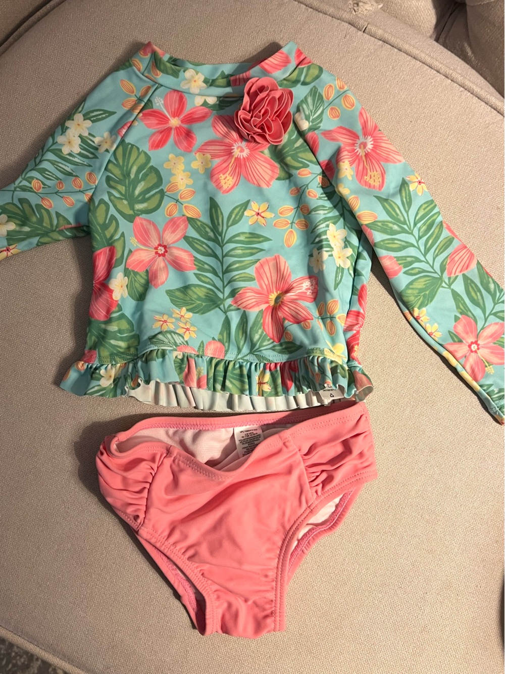 Little Me Girls Floral Rash Guard Bikini Set in Aqua and Coral Pink